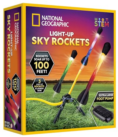 NATIONAL GEOGRAPHIC Spielzeugrakete - LED-Raketenwerfer für Kinder, draufspringen und los geht’s, luftbetrieben, Schaumstoff-Raketen fliegen bis zu 30,5 Meter, tolles Kinderspielzeug für draußen