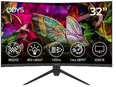 Odys XP32 PRO 80cm (32) WQHD Curved Gaming Monitor (2.560 x 1.440 Pixel, 400 cd/m², 165 Hz, 1ms Reaktionszeit, AMD Free Sync, NVIDIA G-Sync kompatibel, HDMI, Display Port, 3,5mm Audio)