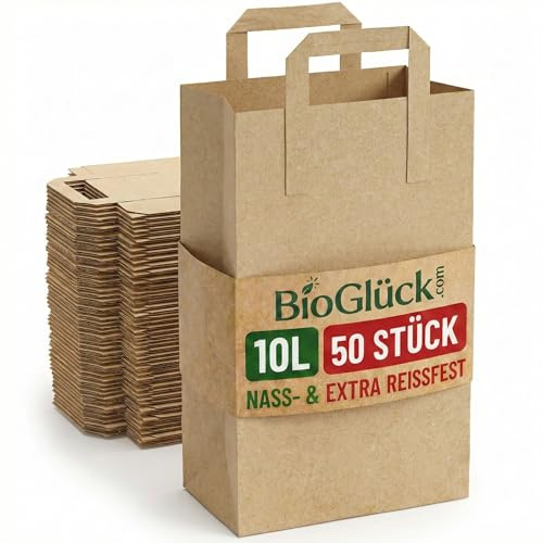 BIOGLÜCK® Biomüllbeutel 10L mit Tragegriff [50 Stück] – für den einfachen & hygienischen Transport | Reißfeste & nassfeste Papiertüten für Biomüll