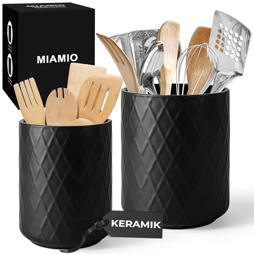 MIAMIO – Küchenutensilienhalter Keramik/Küchen Organizer Set für die Aufbewahrung von Besteck, Kochlöffel und Zubehör - Palmanova Kollektion (Schwarz)