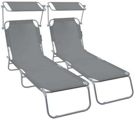 VOUNOT® 2er Set Sonnenliege Klappbar, Gartenliege mit Dach und 4-Fach Verstellbarer Rückenlehne, Leichte Strandliege für Garten, Terrasse, Camping, Pool & Strand, Grau