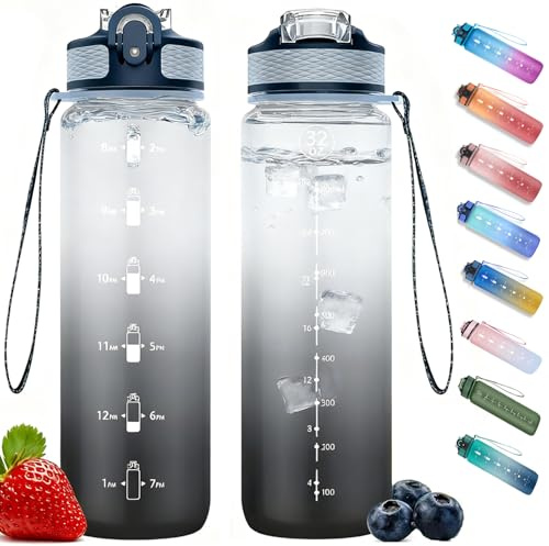NAVTUE Trinkflasche, 1L Sport-Wasserflasche mit Strohhalm, Zeitmarkierungen, auslaufsicher, BPA-freiTritan, Wasserflasche für Schule Radfahren Laufen (1 Flasche)