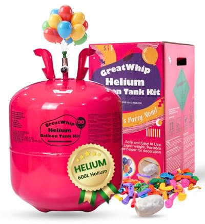 Ballongas Helium Gasflasche für bis zu 100 Ballons, GreatWhip Heliumflasche Einweg XXXL 0,6m³ Helium Balloon Gas für Latex- & Folienballons – für Geburtstag, Hochzeit & Partydeko