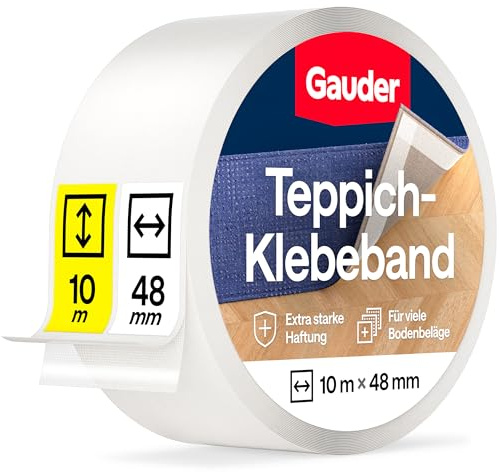 GAUDER Teppichklebeband doppelseitig extra stark - Teppichkleber für Bodenbeläge, Teppiche & Treppen - Klebepads, Fixierung & Verlegeband (10 m x 48 mm)