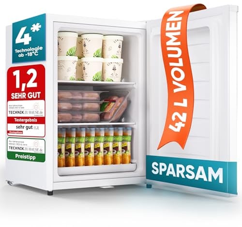 Stillstern Mini Gefrierschrank (42L) -18°C, Eiswürfelschale, Schloss, Türanschlag wechselbar, 4-Sterne Tiefkühlschrank für Camping/Büro Gefriertruhe Klein Gefrierschrank Klein Tiefkühltruhe Weiß