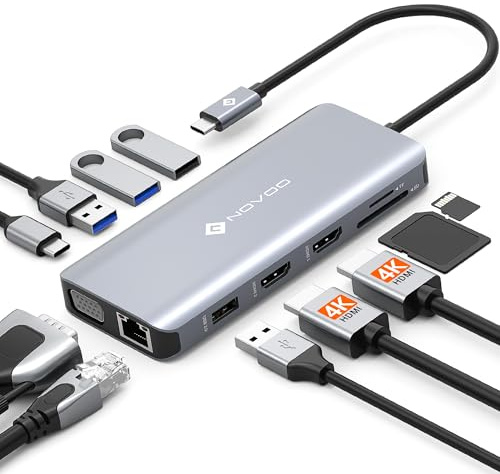 NOVOO USB C Docking Station Triple Display 11 in 1 Dual 4K@60Hz HDMI USB C Hub VGA Adapter Gigabit Ethernet 100W PD,4 USB Datenports,SD/TF Multiport Dock für MacBook M1 M2 HP Dell Lenovo Surface