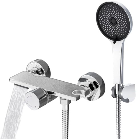 Auralum Badewannenarmatur mit Handbrause, Badewannenarmaturen Wasserfall mit Duschkopf, 1.5m Edelstahl Schlauch und Wand Halterung, Messing Duscharmatur mit Ablage und Duschbrause für Bad, Chrom