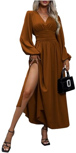 LUVCES Damen Maxi Kleid V-Ausschnitt Langarm Hohe Taille Schlitz Langes Kleid
