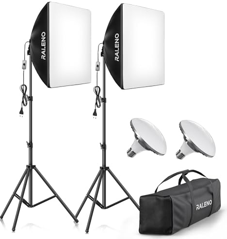 RALENO Softboxen, 2 x 50 W LED Softbox Fotostudio Set, 2 x 50 x 50 cm Fotolicht mit 5500 K Glühbirne und Stativ für Porträtfotografie, Game-Streaming, YouTube-Videofotografie
