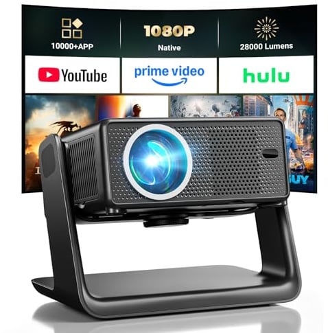 Beamer Kompatibel mit Netflix 28000 Lumen, Mini Beamer 4K unterstützt Native 1080P, WLAN 6 und Bluetooth, elektrischer Fokus and 4D Keystone, über 100000+ Apps, Heimkino/Outdoor
