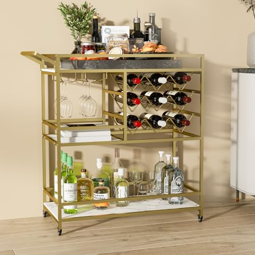 DAWNYIELD 3-stöckiger mobiler Weinwagen, Bar-Servierwagen auf Rädern mit Wein- und Glasregalen, moderner rollender Weinlagerwagen für Küchenpartys zu Hause (Gold)