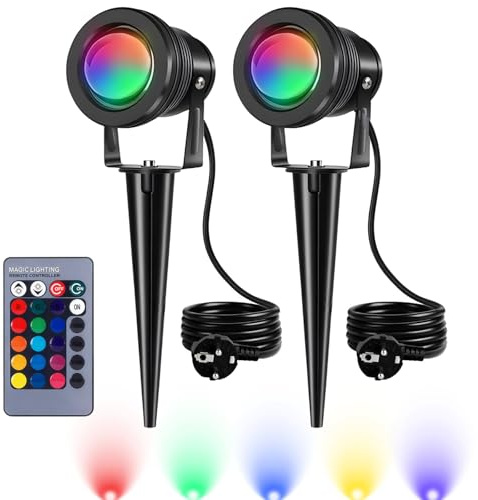 kefflum 10W RGB Gartenbeleuchtung Scheinwerfer LED Strahler Gartenlampe mit Erdspieß IP65 Wasserdicht Gartenstrahler für Außen Spotbeleuchtung Bodenleuchte Teichstrahler (2er Pack)