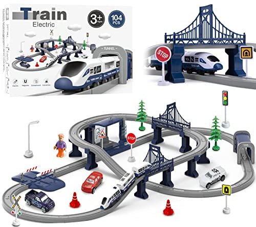 Wdmiya Elektrische Eisenbahn für Kinder ab 3 4 5 6 7 8 Jahren, Flexibler Schienensatz mit 104 Teilen, Baufahrzeuge, Pädagogisches Rennstrecken-Spiel, Weihnachten oder Geburtstag(104PCS)