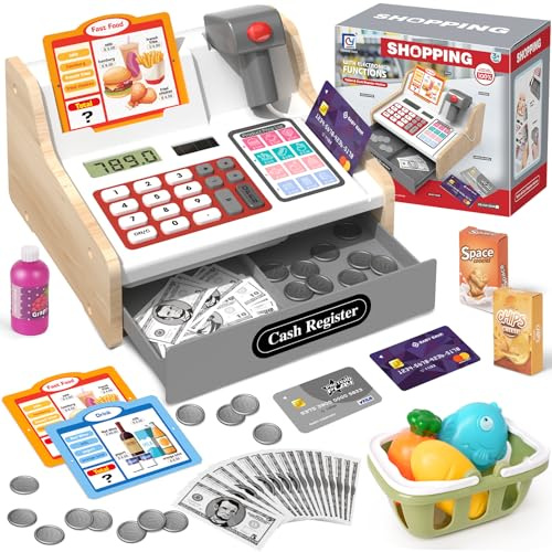 2026 Kasse Kinder Spielzeug aus Holz mit Scanner Rechnerfunktion, Elektronische Spielzeug Kaufladen Zubehör für Kinder, Kinderkasse Kaufladen Rollenspiel Geschenk für Jungen Mädchen ab 3 4 5 6 Jahren