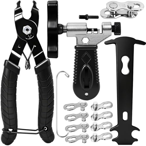SBGGRL Kettenschloss Zange Set, Fahrradkette Kürzen Werkzeug, Kettenbrecher, Kettenzange Kettenspanner und Kettenlehre, 4 Paar fehlende Glieder für einzelne 6/7/8/9/10/11-fach- Fahrradkette Set