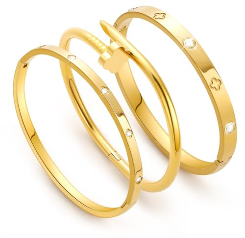 Edelstahl Armband Damen Kleeblatt Armband Damen Gold Armreif Gold Armbänder Set 18K Vergoldet, 316L Wasserfest Armreifen zum Stapeln 17CM Geschenke für Frauen Muttertag Mama Ehefrau Freundin Tochter
