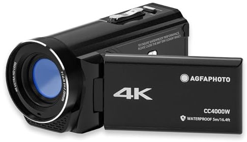 AgfaPhoto Realimove CC4000W - Wasserdichter 4K-Camcorder mit 3-Zoll-Touchscreen, 18-facher Digitalzoom, Video 2.7K, Foto 24 MP, LED, Lithiumbatterie - Schwarz