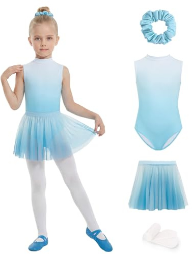 JiAmy Ballettkleider für Kinder Ärmellose Ballettkleidung Mädchen Tanzbekleidung Balletttrikot mit Rock Tütü Ballett Strumpfhose 150, Blau