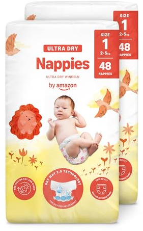 By Amazon Ultra Dry Windeln Größe 1 (2-5 kg) - MONATSBOX, Weiß, 96 Stück (2 Packungen mit 48) (Früher Unter Der Marke Mama Bear, Identisches Produkt)