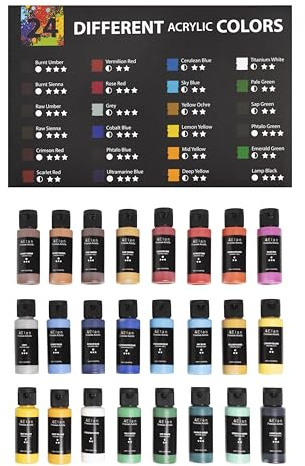 Elan Acrylfarben Set, 24x 60ml Tuben | 24 lebendige Acrylmalfarben, farbcodiert und hochpigmentiert, ideal für Leinwand