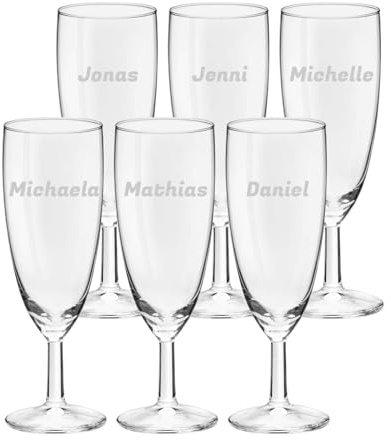 LUXENTU Sektgläser mit personalisierter Gravur, 160 ml, Klassische Sektkelche mit 2-zeiliger Namengravur, Eichung bei 0,1 Liter, Ideal für Sektempfang/Hochzeiten/Besondere Anlässe, 6 Stück
