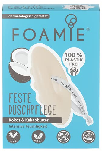 Foamie Festes Duschgel mit Kokos & Kakaobutter Öko-Test Sehr Gut, Duschpflege Intensive Feuchtigkeit mit Massage-Effekt, Feste Dusche 100% Vegan, Plastikfrei, 80g