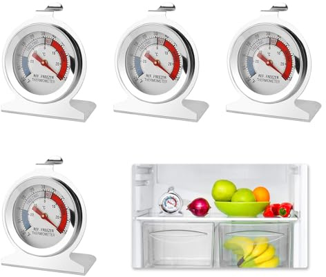 4 Stück Kühlschrank Thermometer Innen, Thermometer Gastronomie Edelstahl Großes, Zifferblatt mit Temperaturanzeige mit Haken und Ständer, Ideal für Heim Restaurantküchen, -20 to 80 °F/-30 to 30 °C