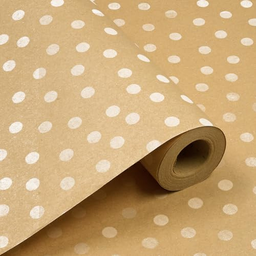 Geschenkpapierrolle zum Geburtstag, 43 cm x 15 m, recycelbares Kraftpapier mit Punkten für Geburtstage, Hochzeiten, Weihnachten und Partys
