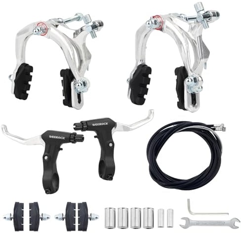 WEEROCK Bike Caliper Bremsen-Set, vorne und hinten, C-Bremsset, Felgenbremsset mit Aluminiumlegierungs-Bremshebeln, Fahrradkabel für Kinderfahrrad, BMX, Strandrad, Pendlerrad (Silber/Komplettset)