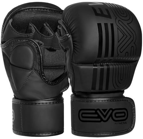 EVO Fitness MMA Handschuhe Herren Damen Leder Sparring Karate Taekwondo Grappling Muay Thai Handschuhe Kampfsport Training Käfigkampfhandschuhe Boxen Kampf Sport Kickboxen (Schwarz, M)