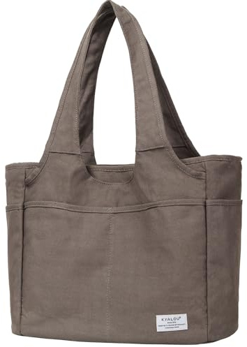 LMGO Große Canvas Tasche mit reißverschluss für Frauen, Utility Large Canvas Tote Bag with 13 Pockets - Dark Grey