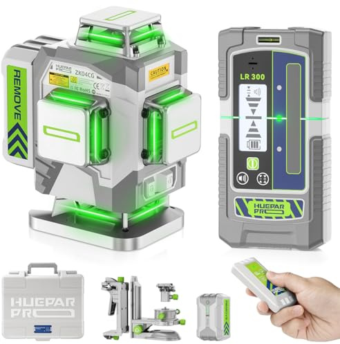 Huepar Pro Outdoor Laser Level mit Empfänger, 4 360 Hohe Genauigkeit Selbstnivellierender Laser-Nivellierer, Grüner Laser-Nivellierer mit 8000-mAh-Lithium-Akku