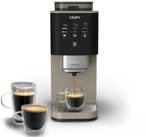 Krups Coffee Crush Extra Kaffeevollautomat, Edelstahlmühle für frisch gemahlenen Kaffee, nur 15 cm breit, smartes Bedienfeld, auch für vorgemahlenen Kaffee, einfache Reinigung, Beige, SA402AE0