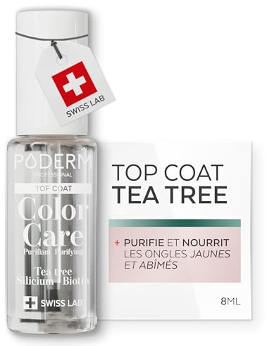 PODERM Pflege-Nagellack mit Teebaumöl - Top Coat | 8 ML - Swiss Lab | Reinigt, Klärt & Pflegt Gelbe und Beschädigte Nägel | Angereichert mit Teebaumöl und Biotin | Von einem Podologen Entwickelt
