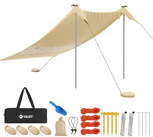 VILLEY Sonnenzelt 2m x 2,4m Khaki, UPF50+ UV Schutz Spandex Strandzelt für 3 Personen, Sonnenschirm Strand mit Sandsack und 2 Stützstäbe für Picknick, Angeln, Sonnenschutz