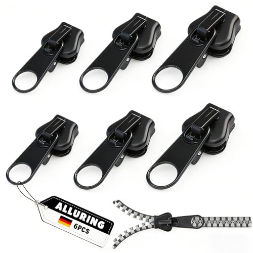 Alluring Reißverschluss Reparaturset, Reisverschluß-Zipper Ersatz, 6PCS Zippers für reißverschluss, Reissverschluss-Schieber für Kleidung Tasche Gepäck Bettzug (Schwarz)
