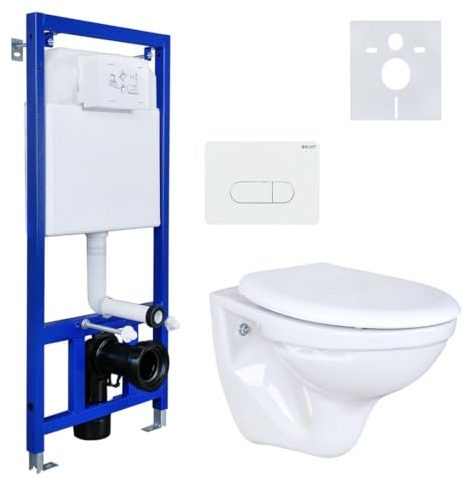 Belvit Hänge WC Komplettset - Basic Vorwandelement + Wand Toilette Weiß Tiefspüler mit Toilettendeckel mit Absenkautomatik + Betätigungsplatte + Schallschutz