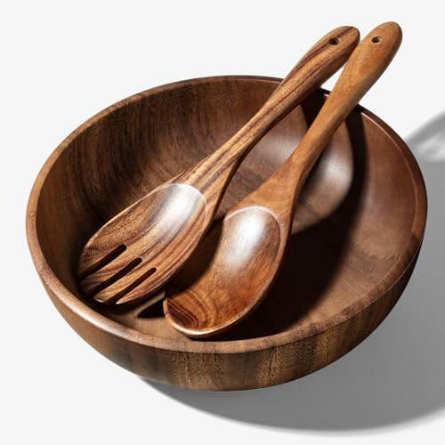 Guolich Holzschale rund aus Akazie - Ideal als Salatschüssel, Rührschüssel | Obstschale oder Brotschale ,Ø 23.7 cm, Küchenutensilien, Perfekt für Küche, Picknick & Party, Braun