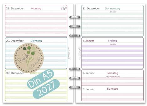 SinnWunder / 2027 / Wochen-Kalendereinlage/Din A5 / LuckySinn | passt für Filofax, Moterm Din A5 Ringplaner, Premium 100g Papier, 1 Woche - 2 Seiten, viele weitere Seiten, Feiertage DACH