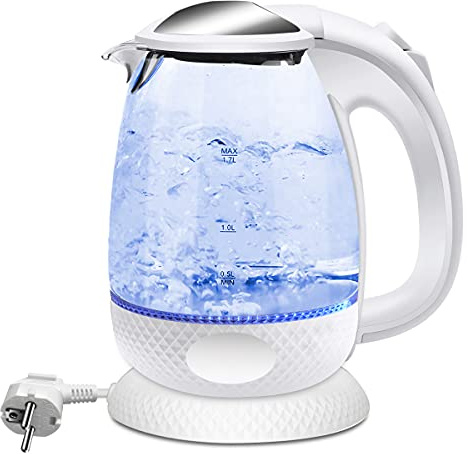 EXTRASTAR Elektrischer Wasserkocher aus Glas mit blauem LED-Licht, bpa, automatischer Abschaltung und Trockenkochschutz 1.7L