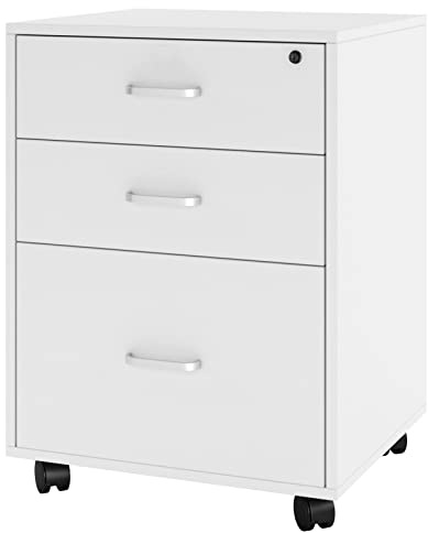 soges Rollcontainer Bürocontainer Schreibtisch Aktenschrank auf Rollen aus Holz mit 3 Schubladen Abschließbar Weiß Rollcontainer für Büro und Zuhause