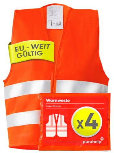 PURAHELP Warnwesten 4er Set Europaweit gültig nach EN ISO 20471 - Reflektierende Warnweste - Sicherheitsweste Orange - Warnschutzweste - Sicherheitswesten für Erwachsene