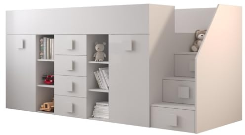 MEBLE KRYSPOL Toledo 3 Hochbett für Kinder & Jugendliche mit Stauraum - Etagenbett mit Schreibtisch, Kleiderschrank, Regal, Schubladen, Treppe - 248,5x93x123 cm - Weiß