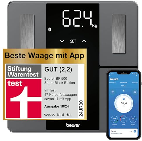 Beurer BF 500 Personenwaage mit Bluetooth & App, digitale Körperfettwaage mit Messung von Körperfett, Muskelanteil, Kalorienbedarf etc., XL-Display, Datenübertragung zu Apple Health & co., bis 180 kg