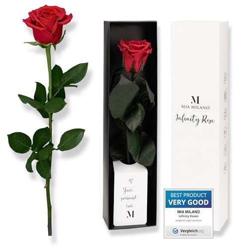 Mia Milano Infinity Rose rot am Stiel (5 Jahre haltbar) in Geschenkbox | Deko Geschenk für Sie | Eine konservierte Blume mit Rosenduft | Inkl. Geschenkkarte