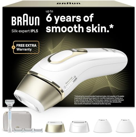 Braun IPL Geräte Haarentfernung Silk·expert Pro 5, PL5358, Weiß/Gold | Alternative Laser Haarentfernung für Zuhause, Dauerhafte Haarentfernung, Inkl. Etui, Gillette Venus Rasierer Und 4 Aufsätze