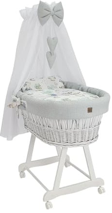 Wiklinopol Stubenwagen Lena, Baldachin, Waffelstoff, Weiß/Igel Grau | Handgeflochtene Weide, Buchenholzgestell mit Rollen & Bremsen, Liegefläche 70x38 cm, bis 6 Monate / 9 kg