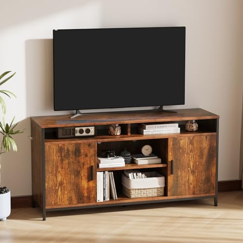 ELUCHANG TV-Schrank, Lowboard für Fernseher bis zu 60 Zoll, mit Verstellbaren Ablagen, Metallgestell, Fernsehschrank für Wohnzimmer, Schlafzimmer, 140 x 40 x 71 cm, Vintagebraun-Schwarz