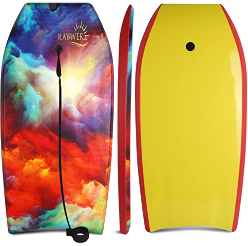 RAYWER Leichtes Bodyboard mit EPS-Kern, glatter HDPE-Unterseite, Leine und verstellbarem Handgelenkseil, tolles Surfen für Kinder und Erwachsene (Himmel, 84 cm)