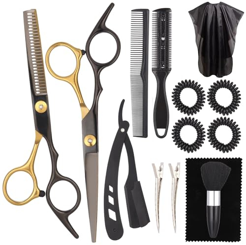 Haarschneideset 16 Stück, 17 cm Friseur Schere, Scharfe Haarschneideschere mit Rasiermesser Friseurumhang, Effilierscheren, Haarschneide Set für Damen Herren Kinder Familie Friseursalon
